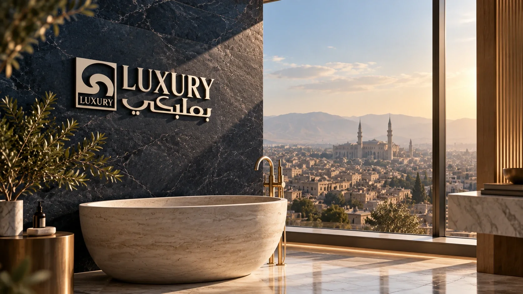 شعار Luxury Baalbaki على جدار رخامي داكن بجانب مغطس حجري، مع إطلالة على دمشق